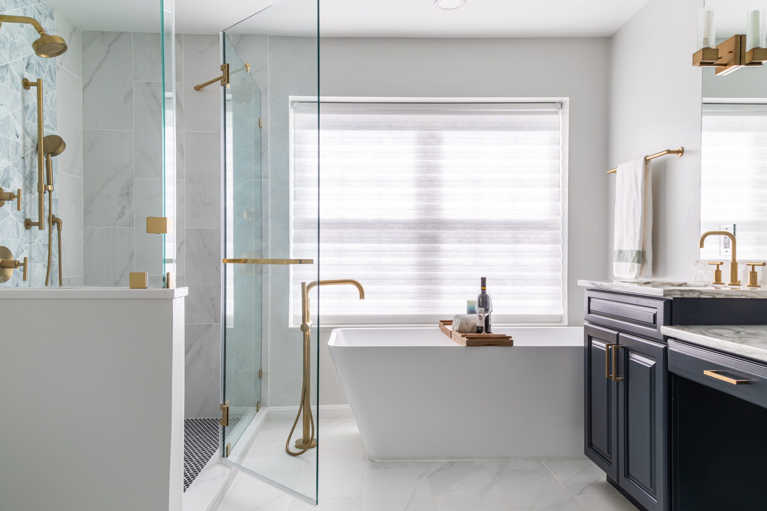 Photo of a bathroom design project where a small bath was transformed into a spacious shower room with an oversized soaking tub