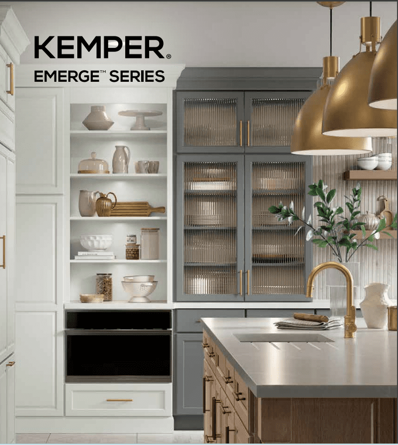 Kemper cabinets 2024 catalog cover. showing a kitchen with an Island and glass cabinets