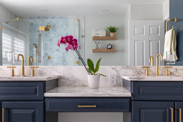 Photo of a bathroom design project showing a vanity with drawers and a clean countertop